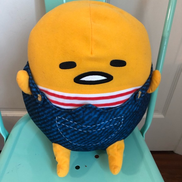 Rare Large Furyu Sanrio 2018 Gudetama Lazy Egg Wearing “Denim” Overalls Plush - Picture 3 of 8